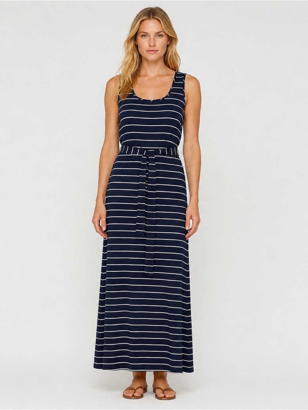 Jones New York Signature Navy/White Striped Tank Maxi Dress with Sash Size 10